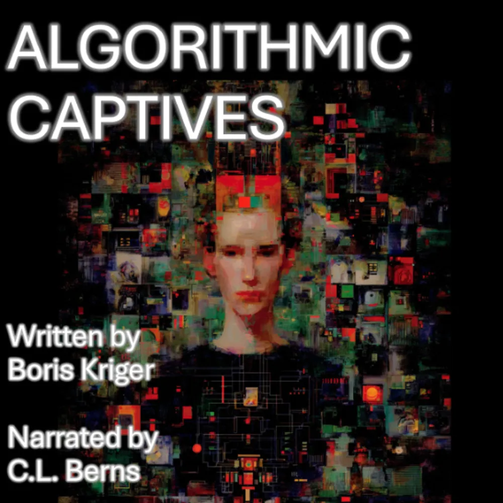 Algorithmic Captives audiobook cover featuring a digital abstract design with a human face surrounded by colorful data patterns, written by Boris Kriger and narrated by C.L. Berns