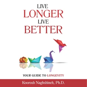 Live Longer, Live Better book cover featuring colorful origami shapes transforming into a bird, with the subtitle Your Guide to Longevity by Koorosh Naghshineh, Ph.D.