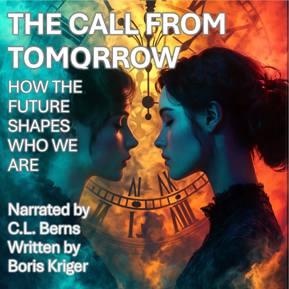 The Call From Tomorrow audiobook cover featuring two people facing each other with a futuristic clock design and dramatic blue and orange lighting, written by Boris Kriger and narrated by C.L. Berns