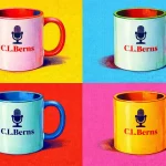 Pop art collage of four colorful coffee mugs featuring the C.L. Berns microphone logo