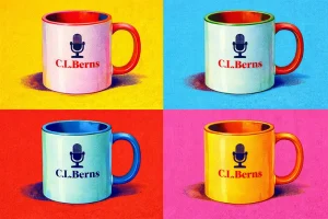 Pop art collage of four colorful coffee mugs featuring the C.L. Berns microphone logo