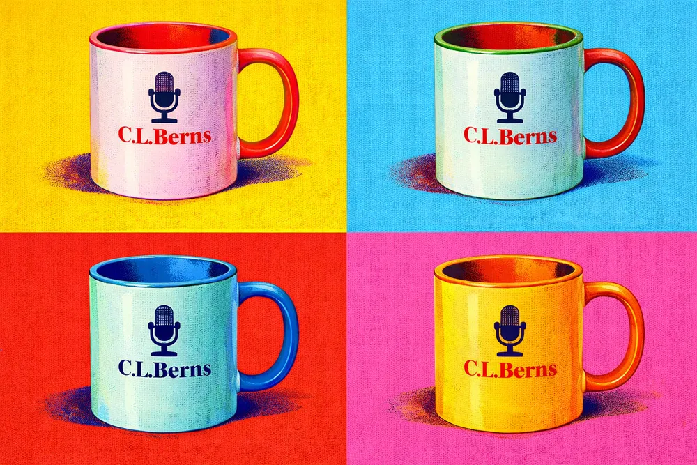 Pop art collage of four colorful coffee mugs featuring the C.L. Berns microphone logo
