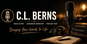 C.L. Berns voice actor, audiobook narrator, and podcast host branding image featuring a microphone, headphones, books, and the tagline Bringing Your Words to Life