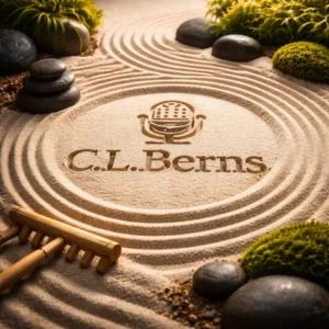 Zen garden with a microphone symbol and the C.L. Berns name drawn in the sand.
