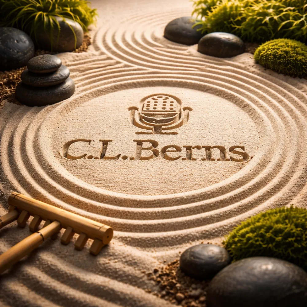 Zen garden with a microphone symbol and the C.L. Berns name drawn in the sand.