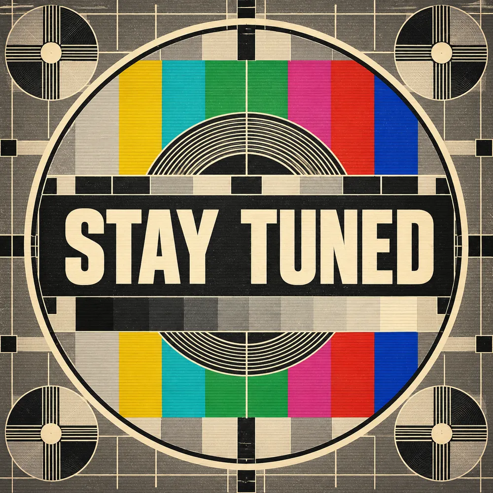 Vintage television test pattern with colored bars and the words “Stay Tuned.”