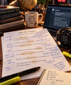 Podcast research desk with pronunciation notes for names including Pachacuti, Tchaikovsky, Marconi, Timbuktu, Beethoven, Quetzalcoatl, and Hattusa.