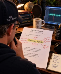 Podcast host researching the pronunciation of Władysław Jagiełło while preparing a Wait, That’s Random episode.