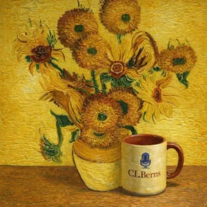 Sunflower painting with a C.L. Berns coffee mug.