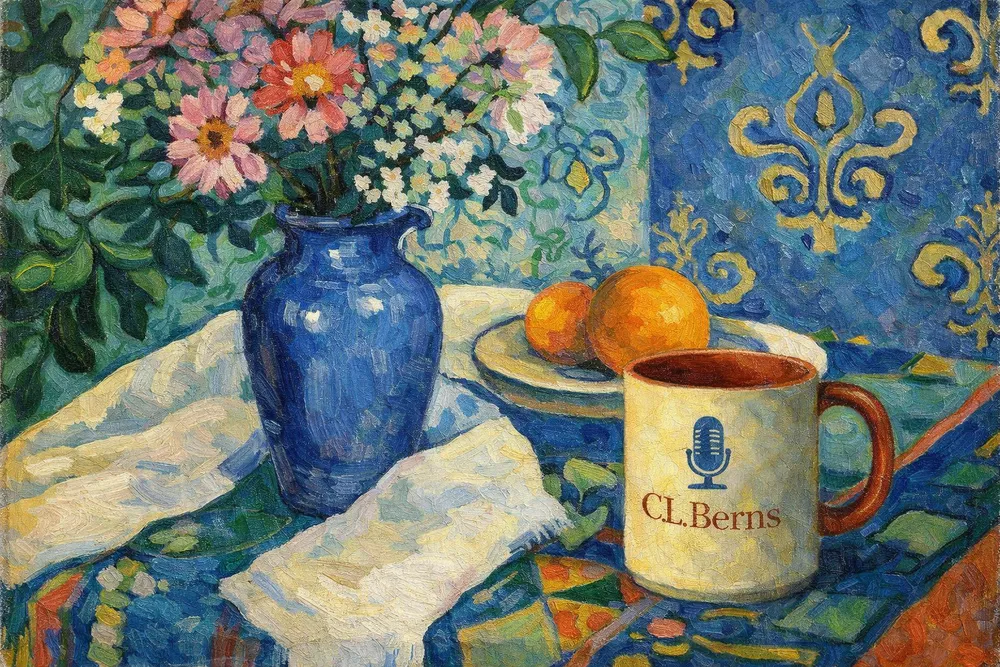 Painted still life with a C.L. Berns coffee mug, a blue vase of flowers, and oranges on a patterned table.